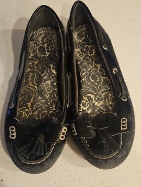 Sperry Black Suede Tassel Loafers with Floral Insole